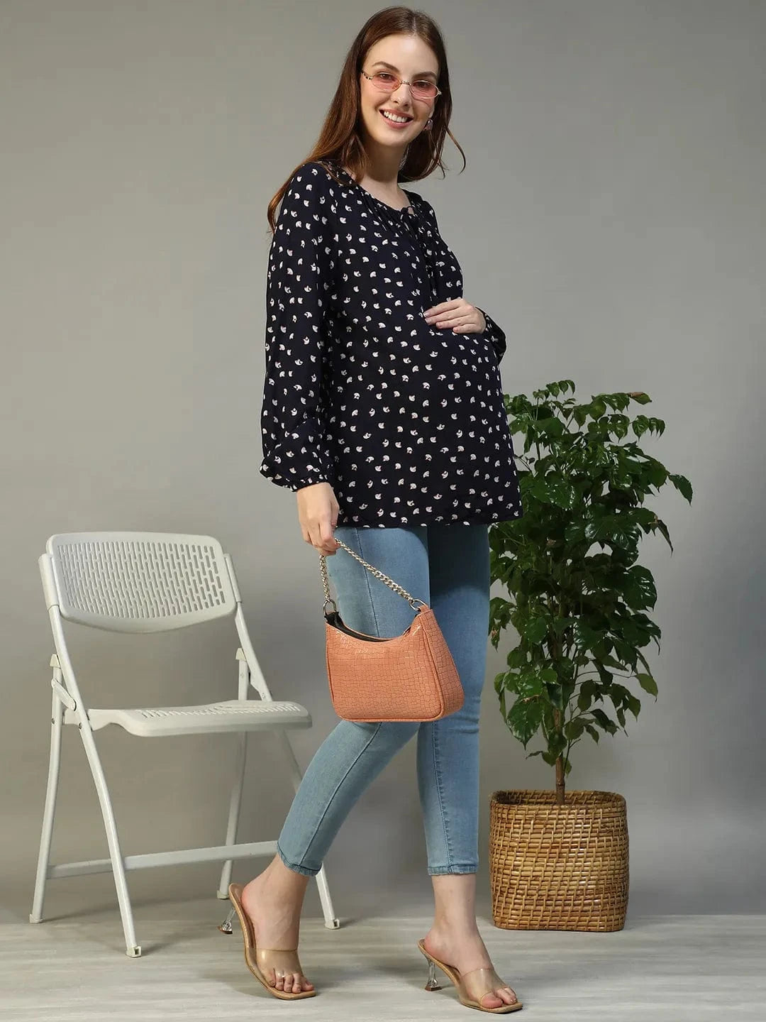 Navy Blue Floral Print Maternity Top