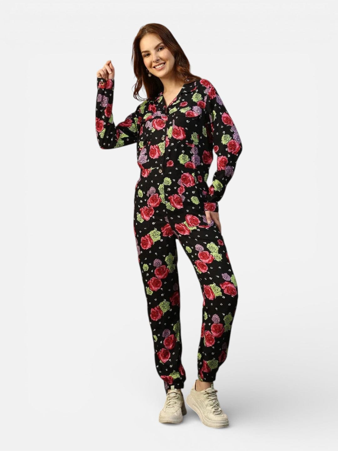 Black Floral Print Jumpsuit