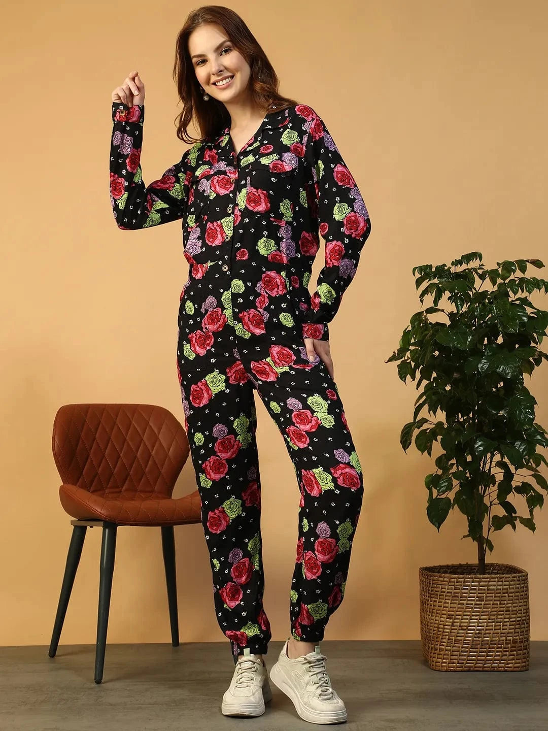 Black Floral Print Jumpsuit