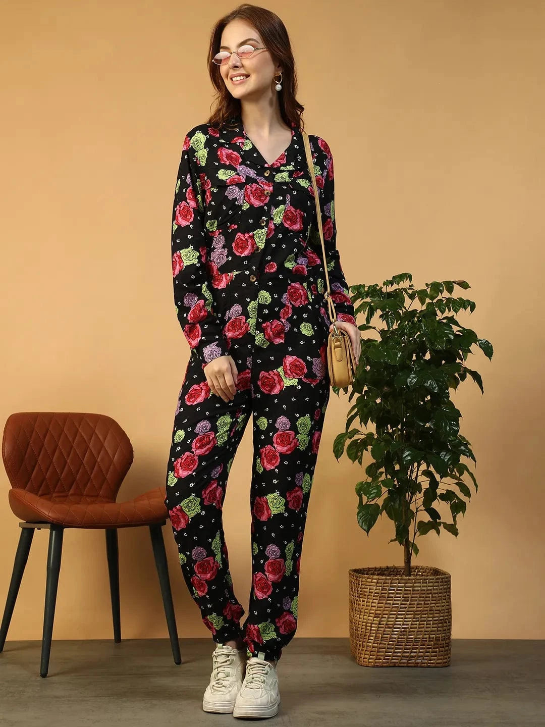 Black Floral Print Jumpsuit
