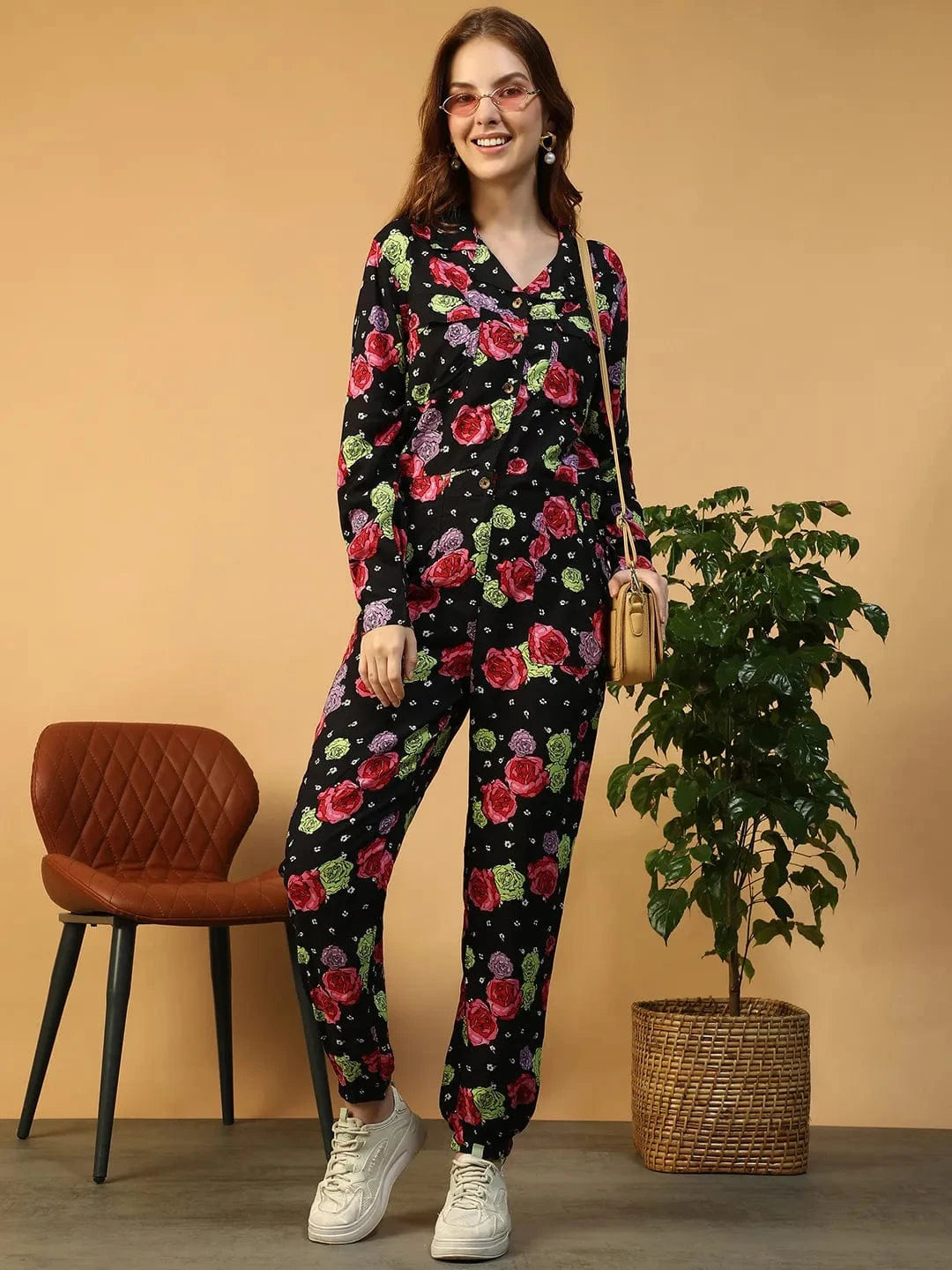 Black Floral Print Jumpsuit