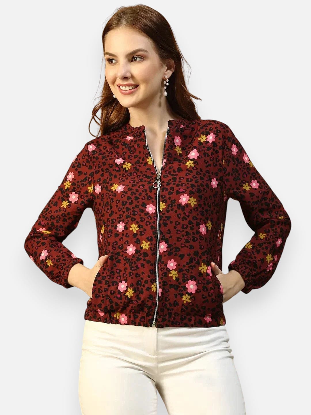 Rust Floral Print Color Bomber Jacket