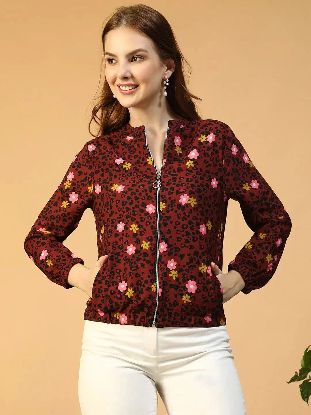 Rust Floral Print Color Bomber Jacket