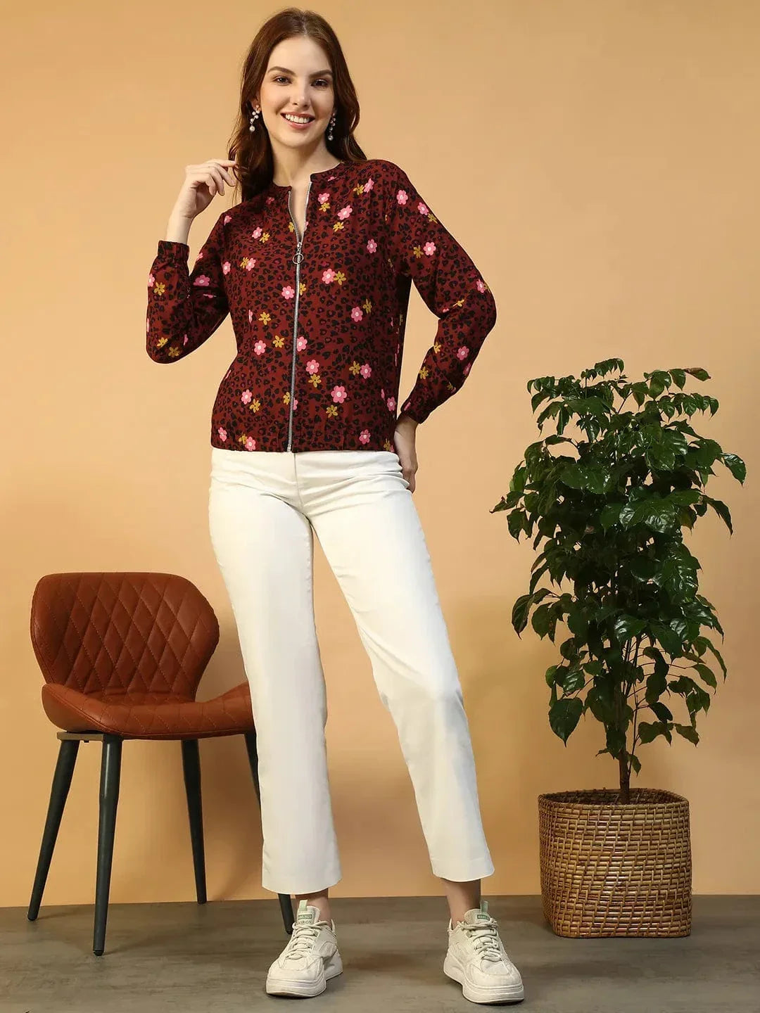 Rust Floral Print Color Bomber Jacket