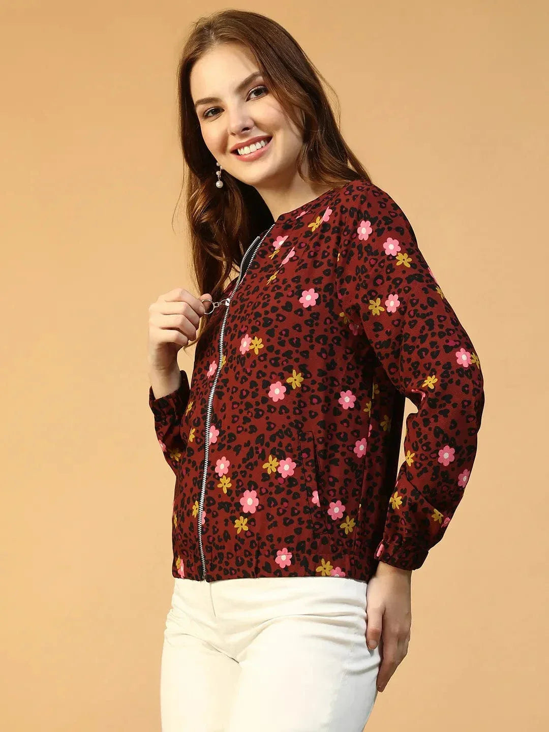 Rust Floral Print Color Bomber Jacket