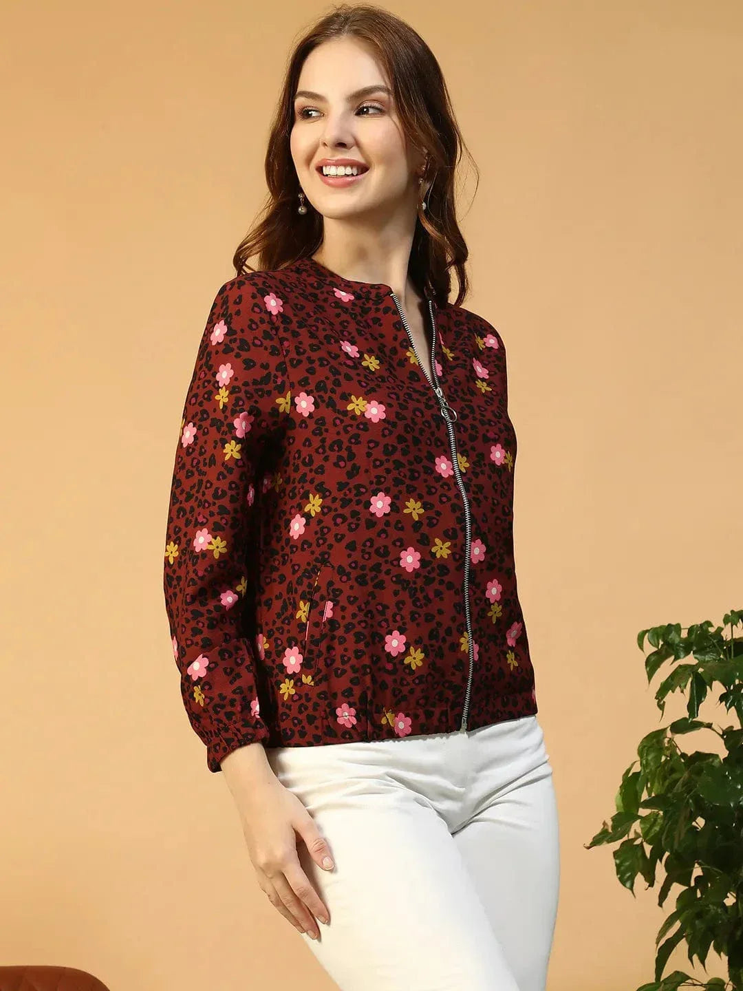 Rust Floral Print Color Bomber Jacket