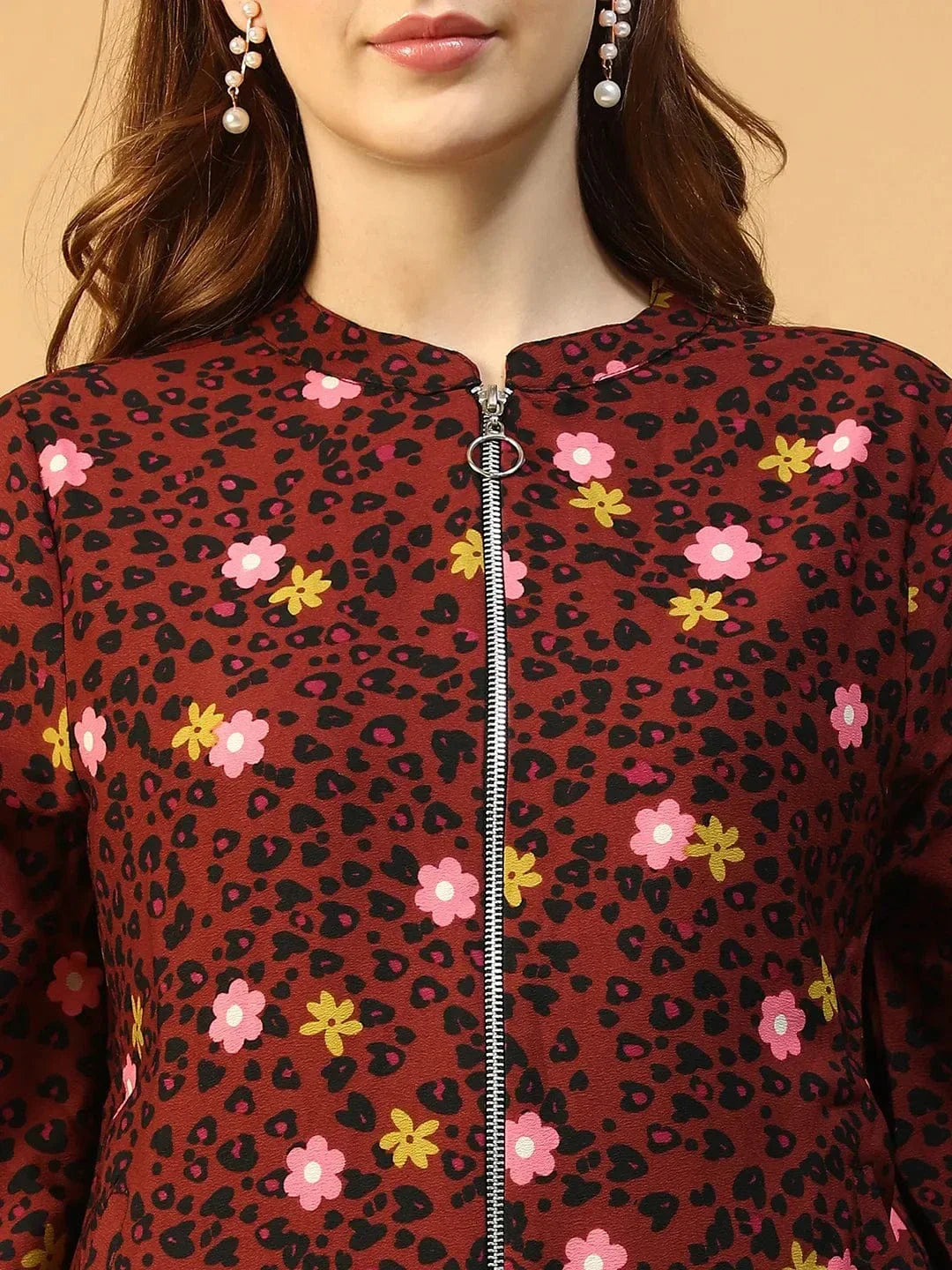 Rust Floral Print Color Bomber Jacket