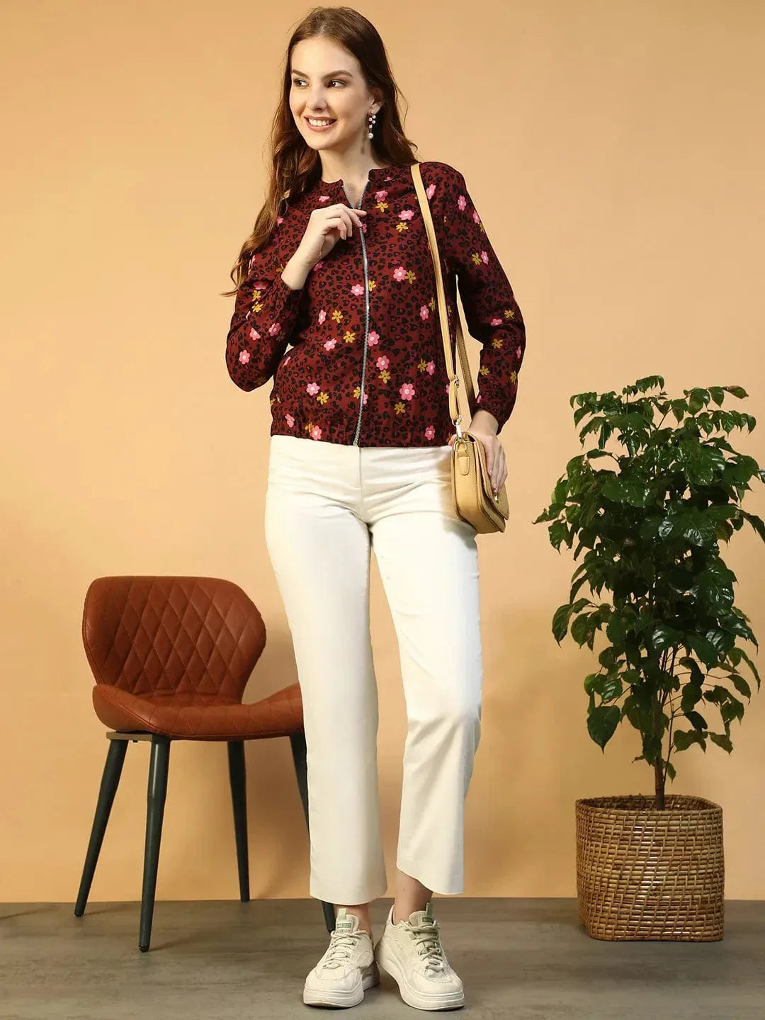 Rust Floral Print Color Bomber Jacket