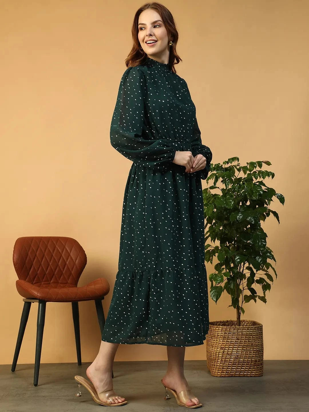 Green Foil Print Partywear Dress