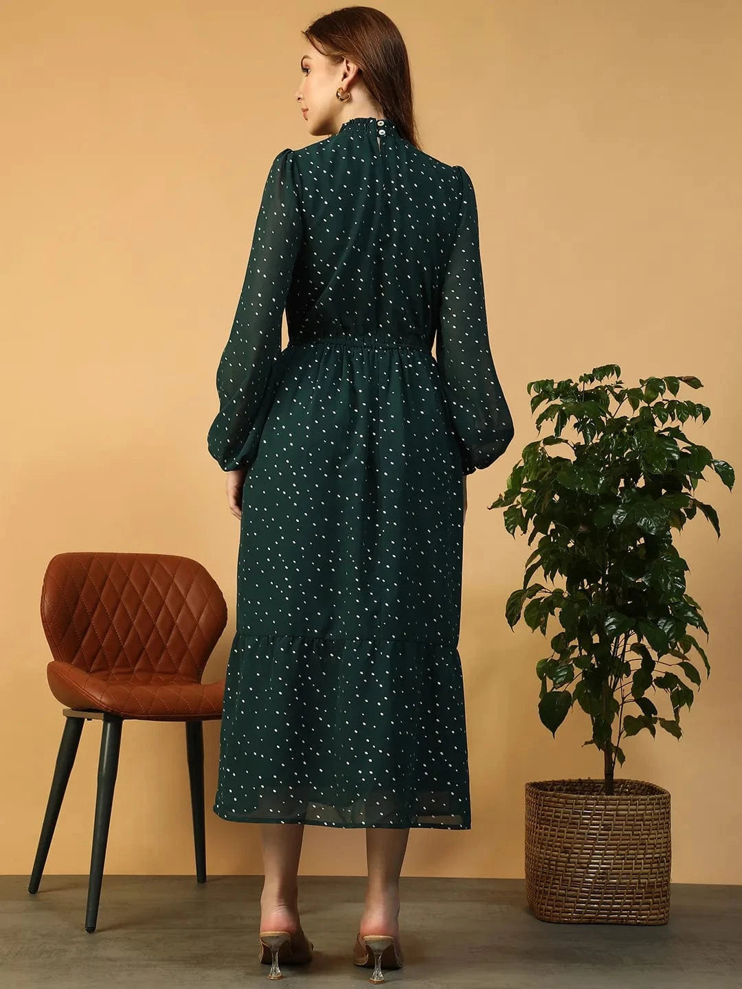 Green Foil Print Partywear Dress