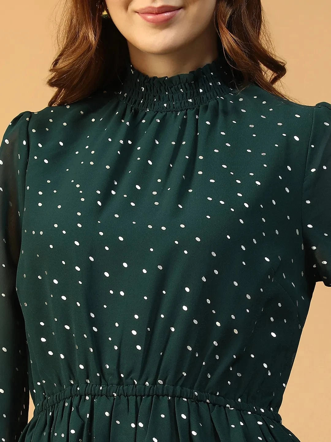 Green Foil Print Partywear Dress