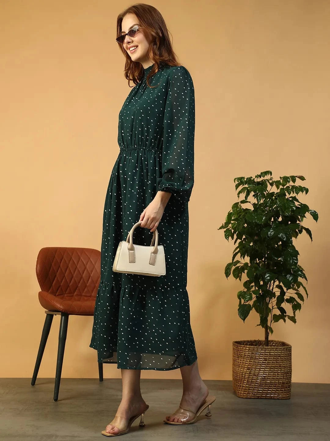 Green Foil Print Partywear Dress