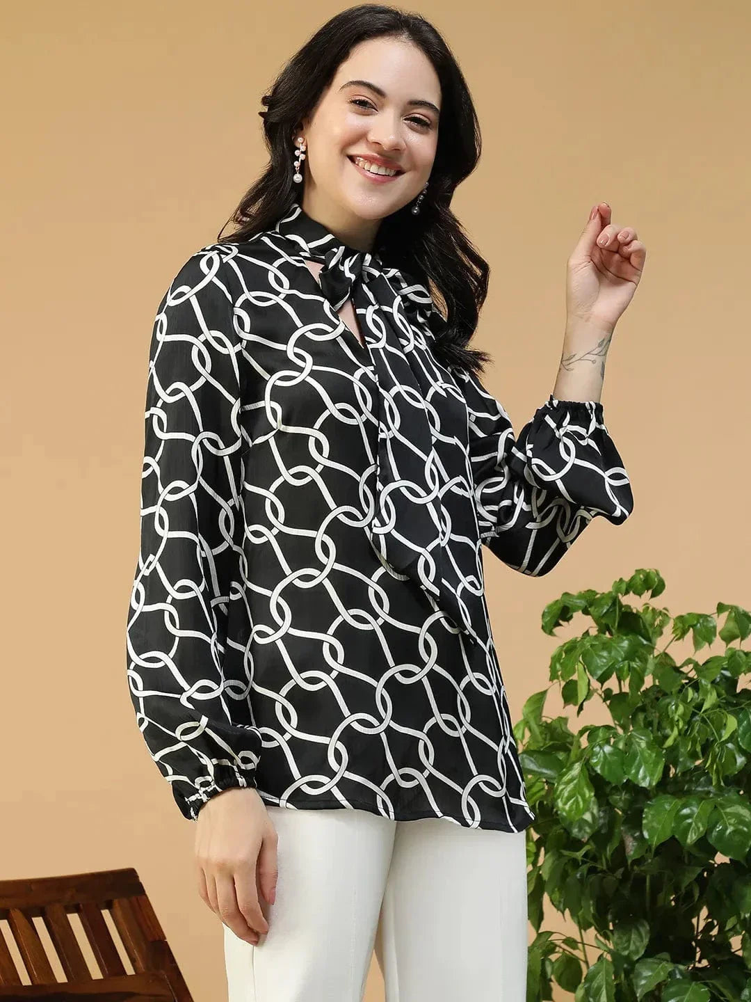Black Abstract Print Top