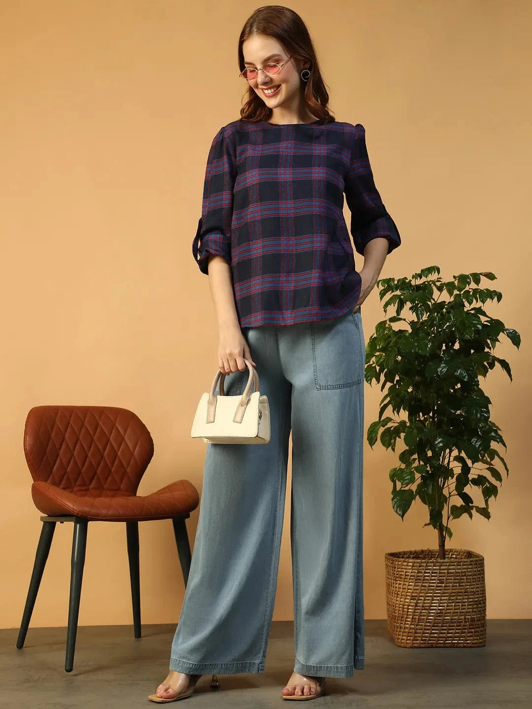 Purple Check Print Top