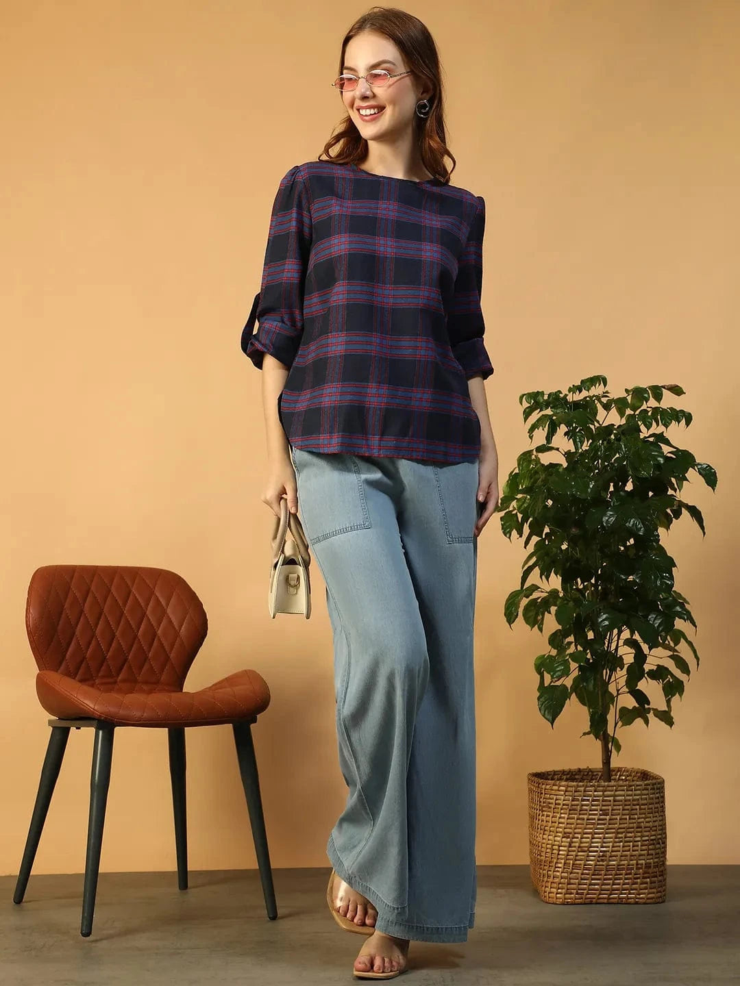 Purple Check Print Top