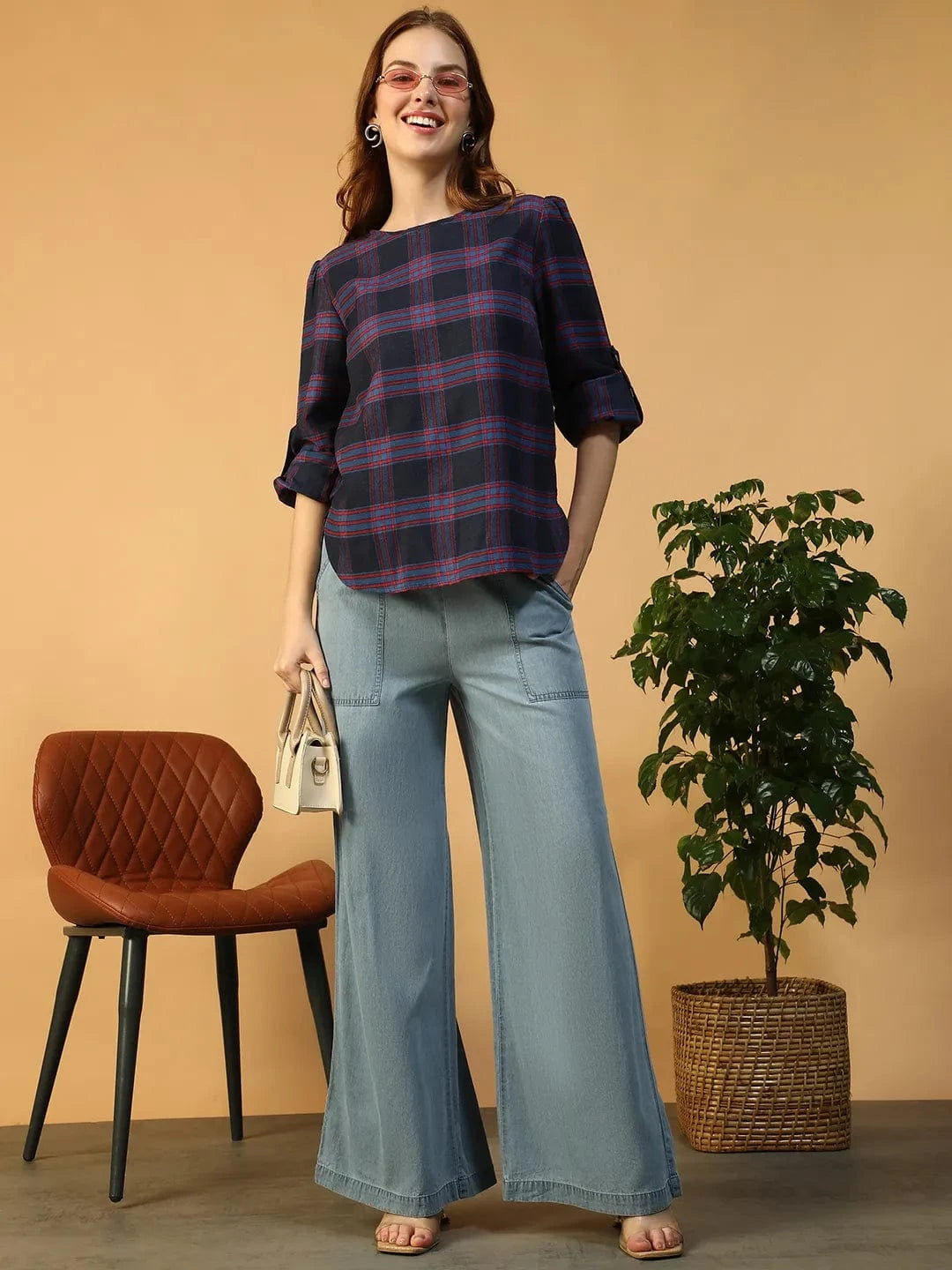 Purple Check Print Top