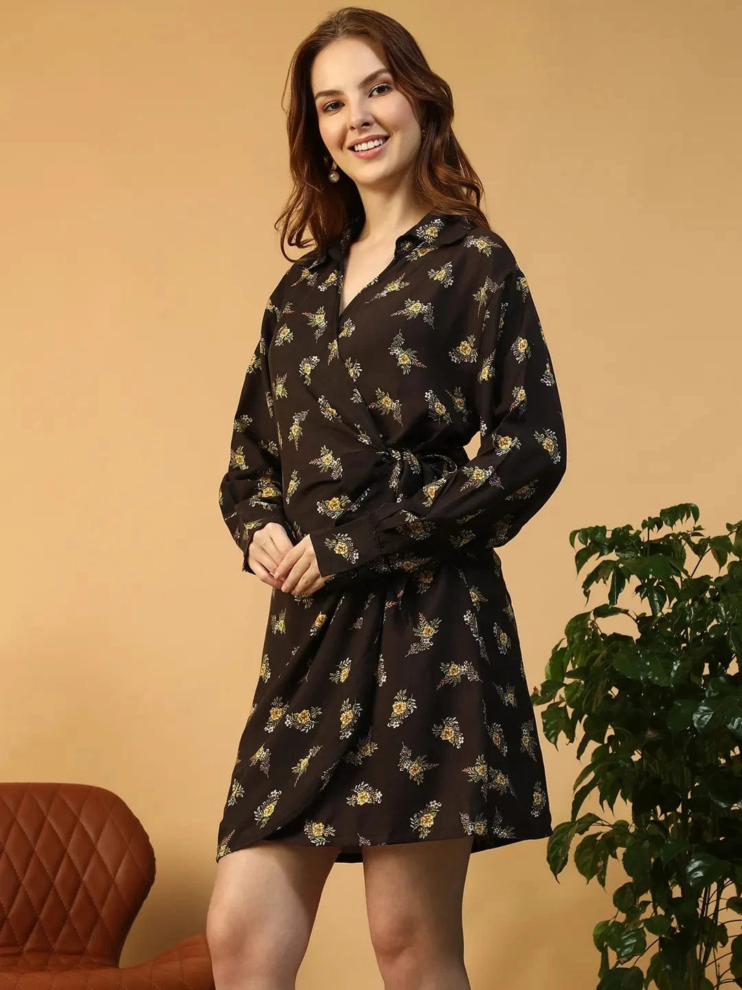 Black Floral Print Wrap Dress