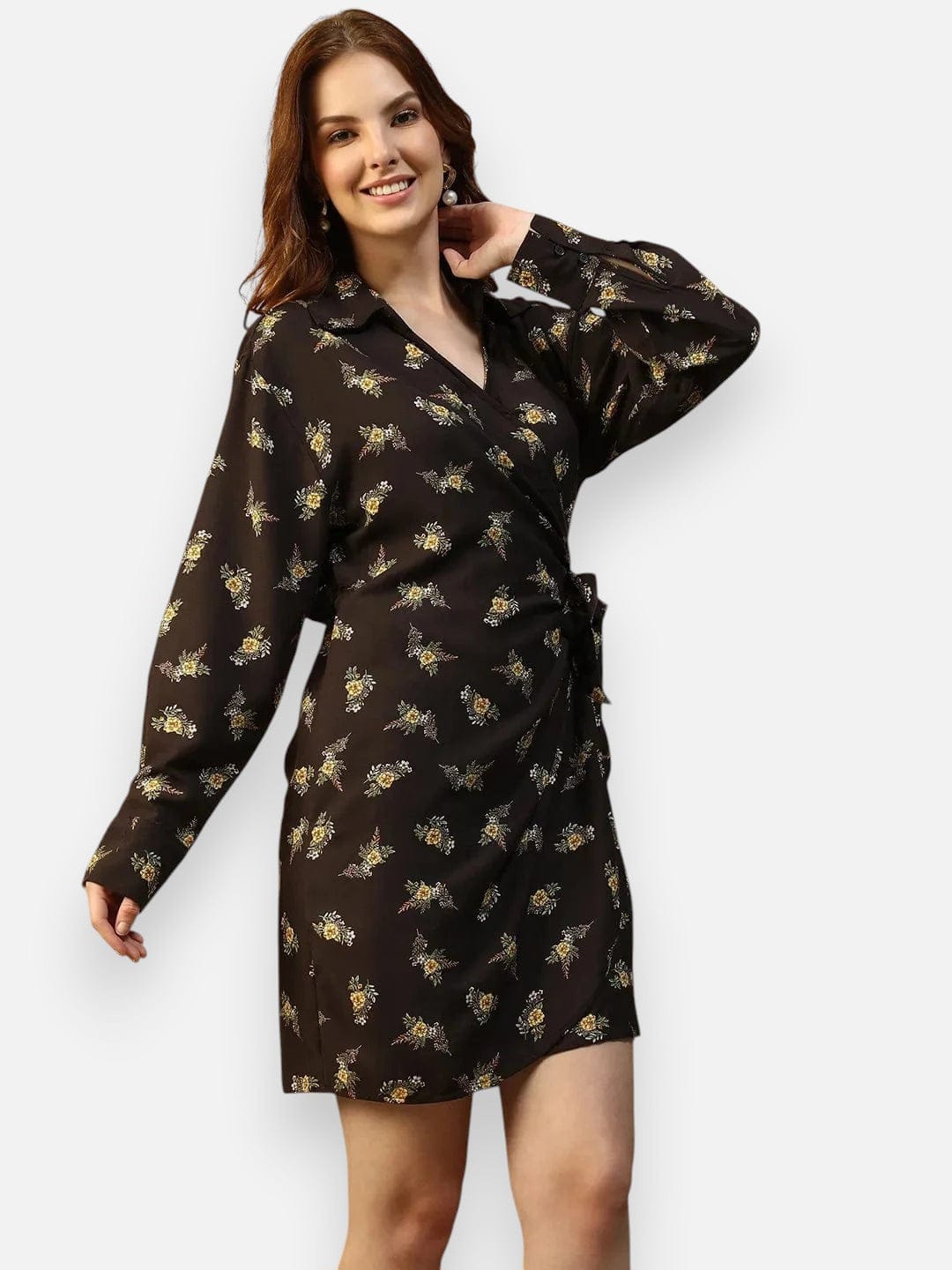 Black Floral Print Wrap Dress