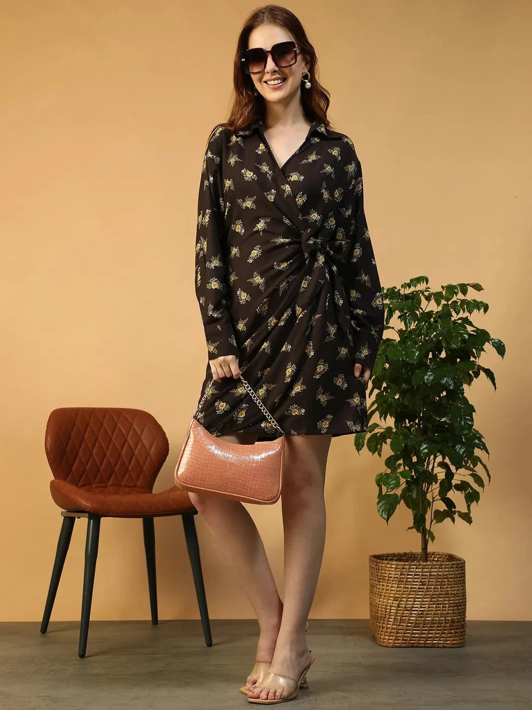 Black Floral Print Wrap Dress