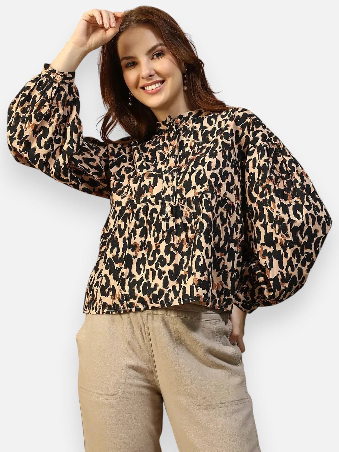 Brown Animal Print Cotton Shirt