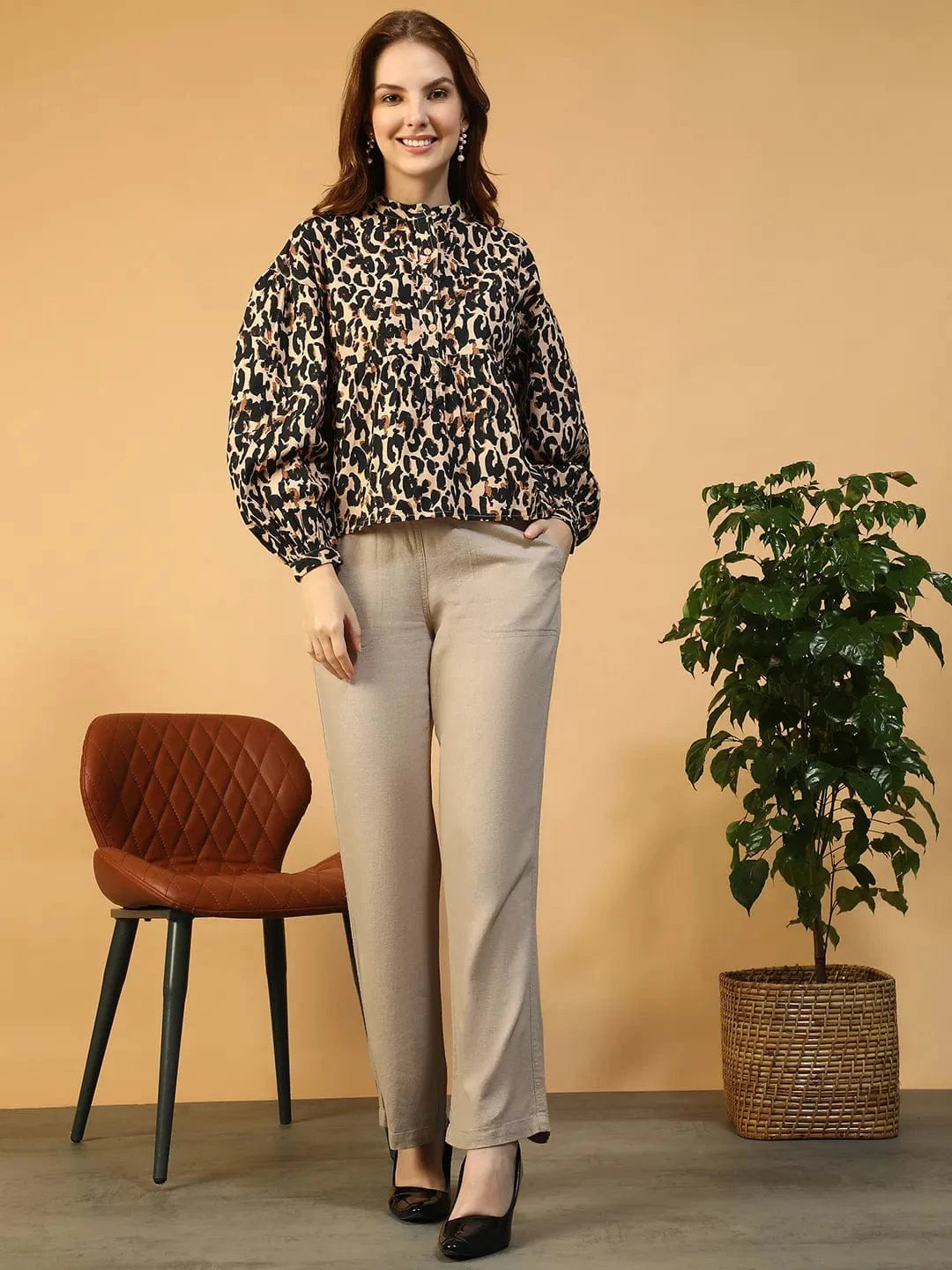 Brown Animal Print Cotton Shirt