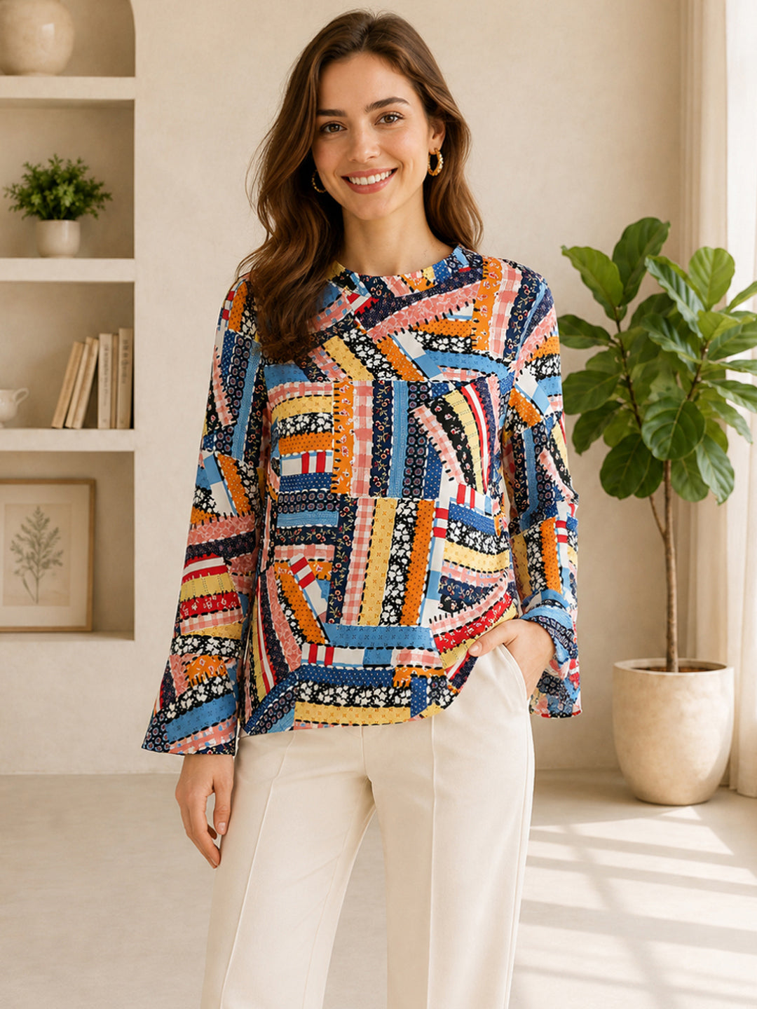 Colorful patchwork print blouse with bell sleeves, paired with cream pants for stylish women's fashion.