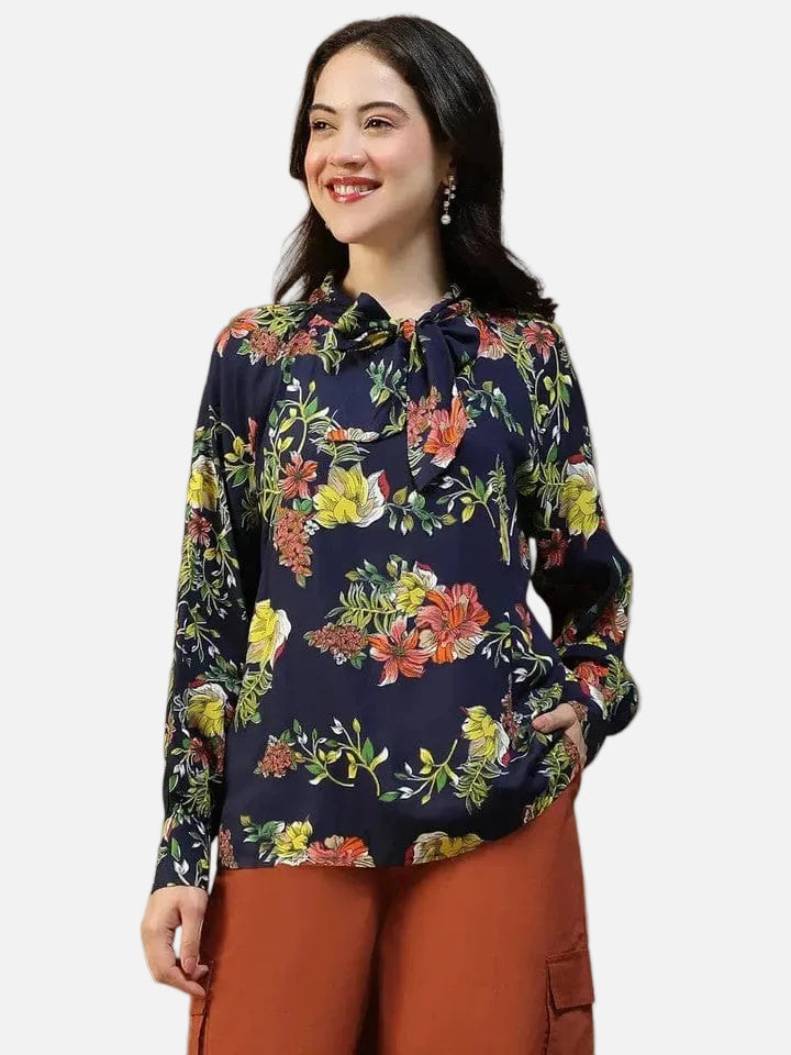 Navy Blue Floral Print Top