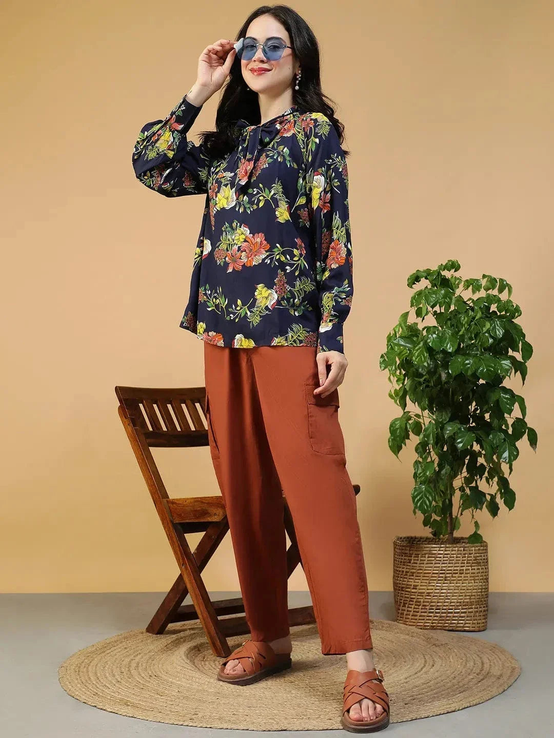 Navy Blue Floral Print Top