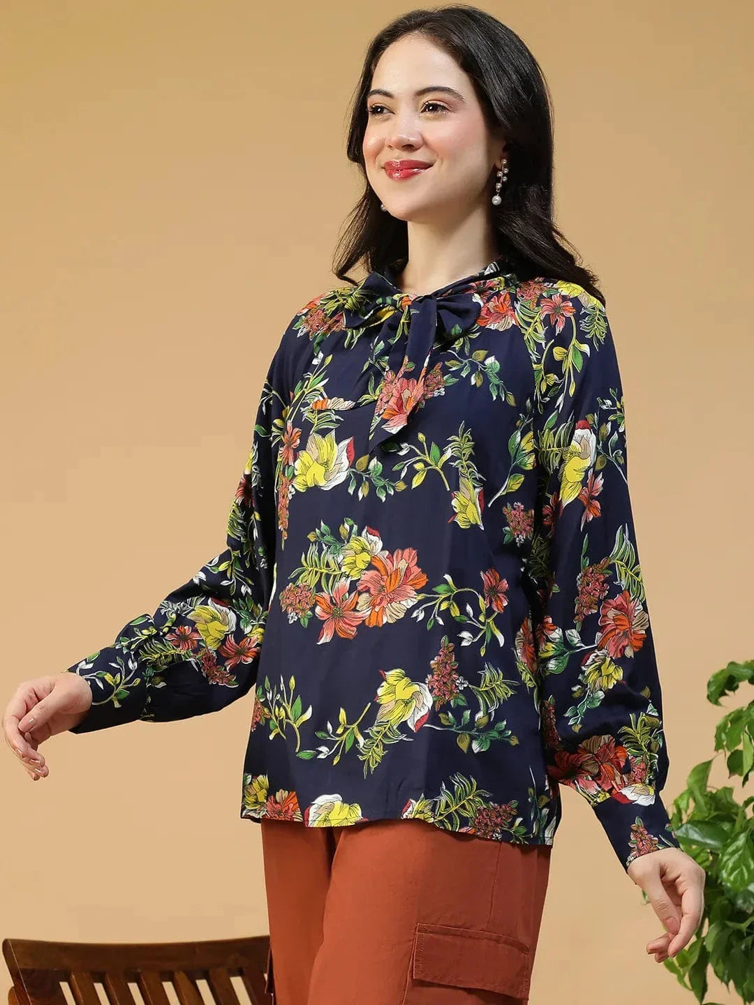 Navy Blue Floral Print Top