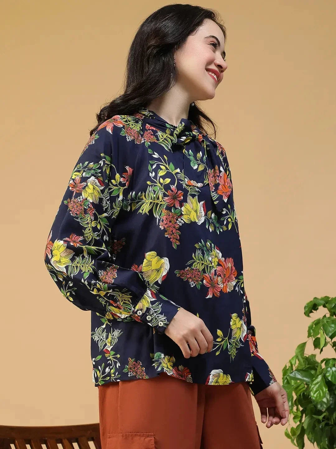 Navy Blue Floral Print Top