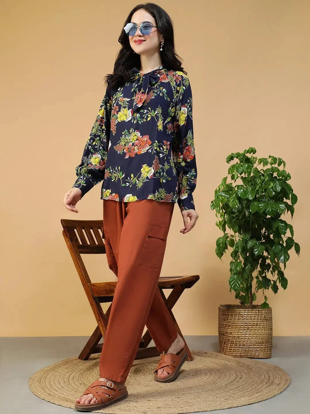 Navy Blue Floral Print Top