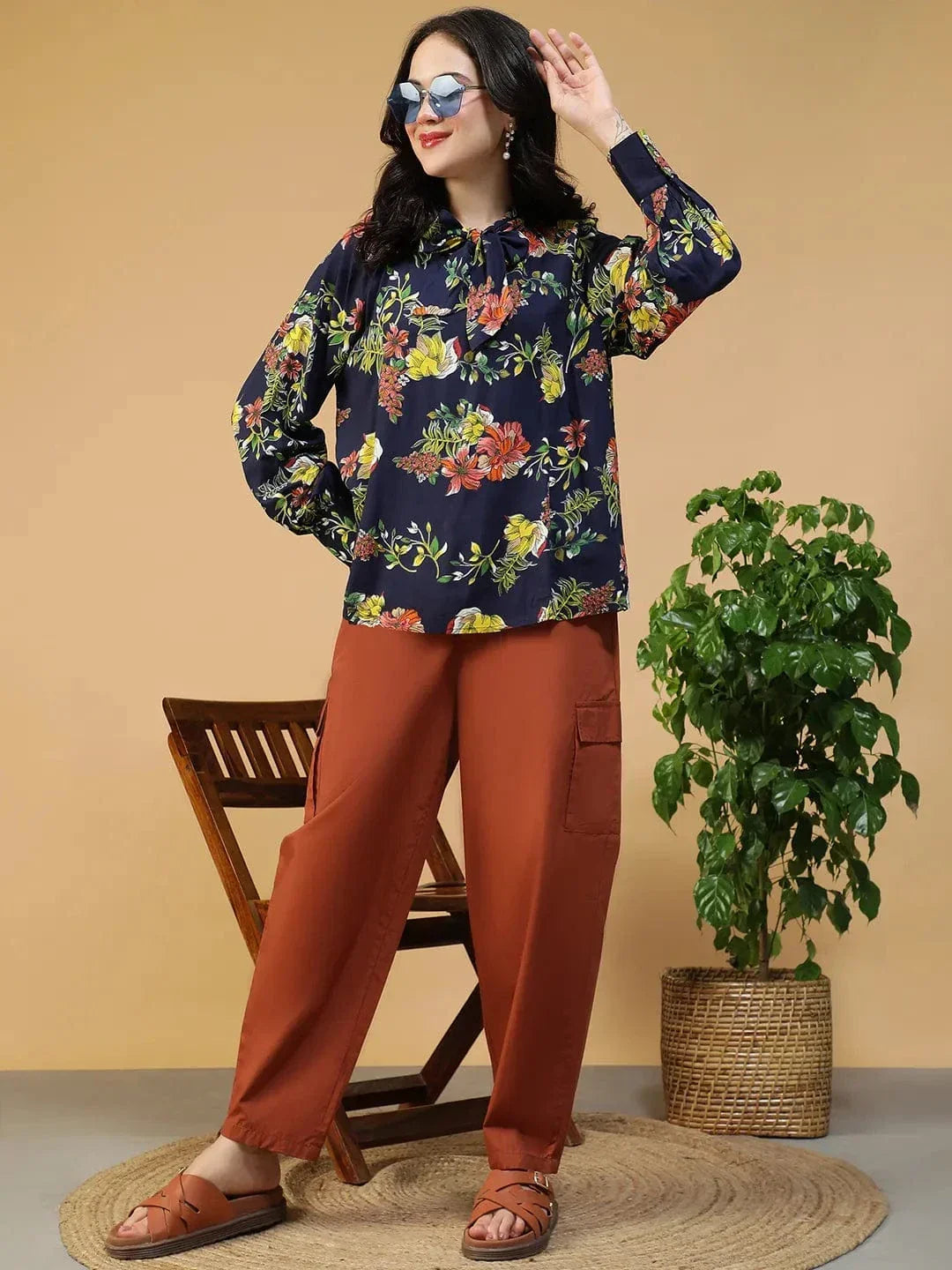 Navy Blue Floral Print Top