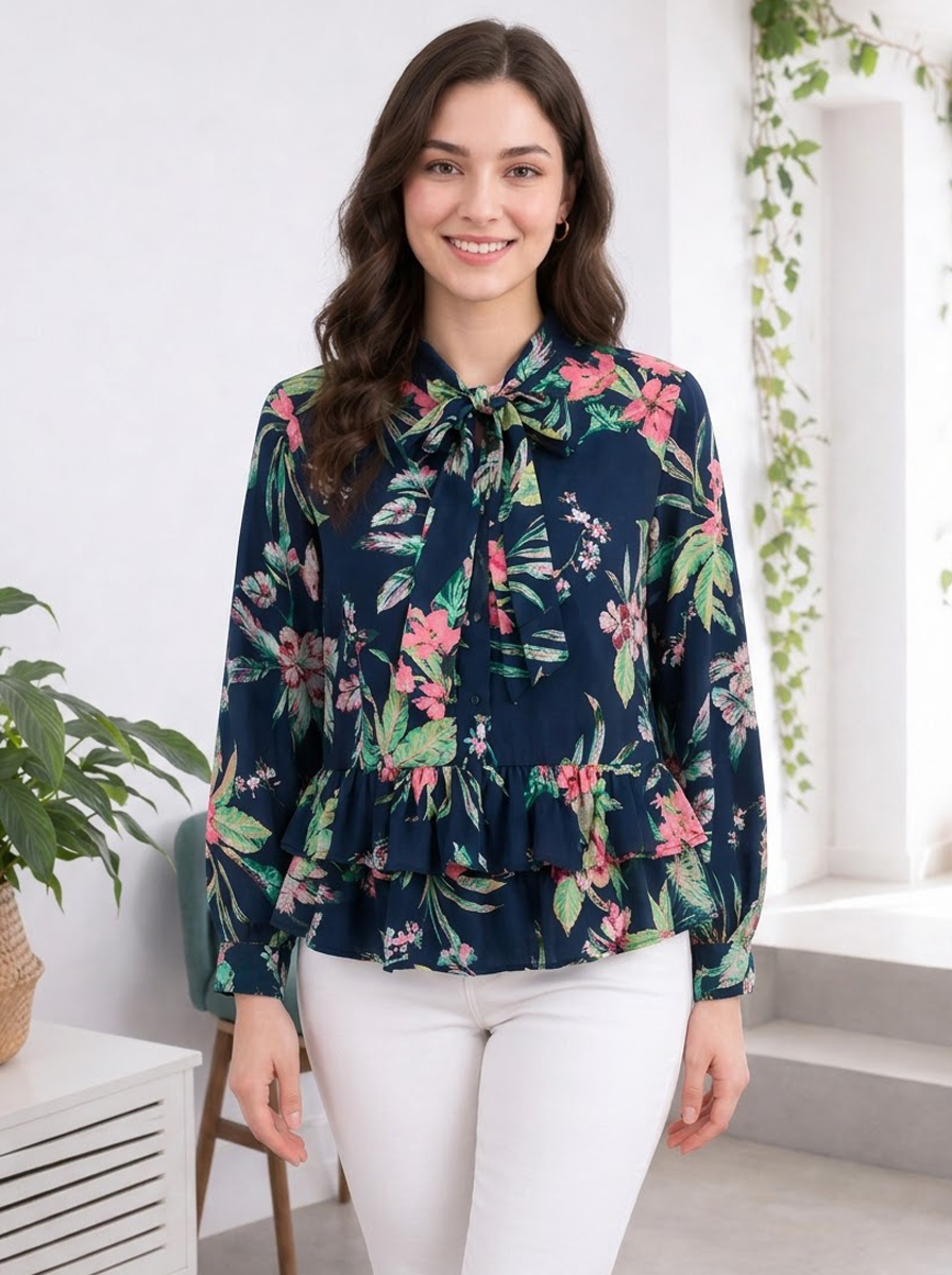 Navy Blue Floral Print Top