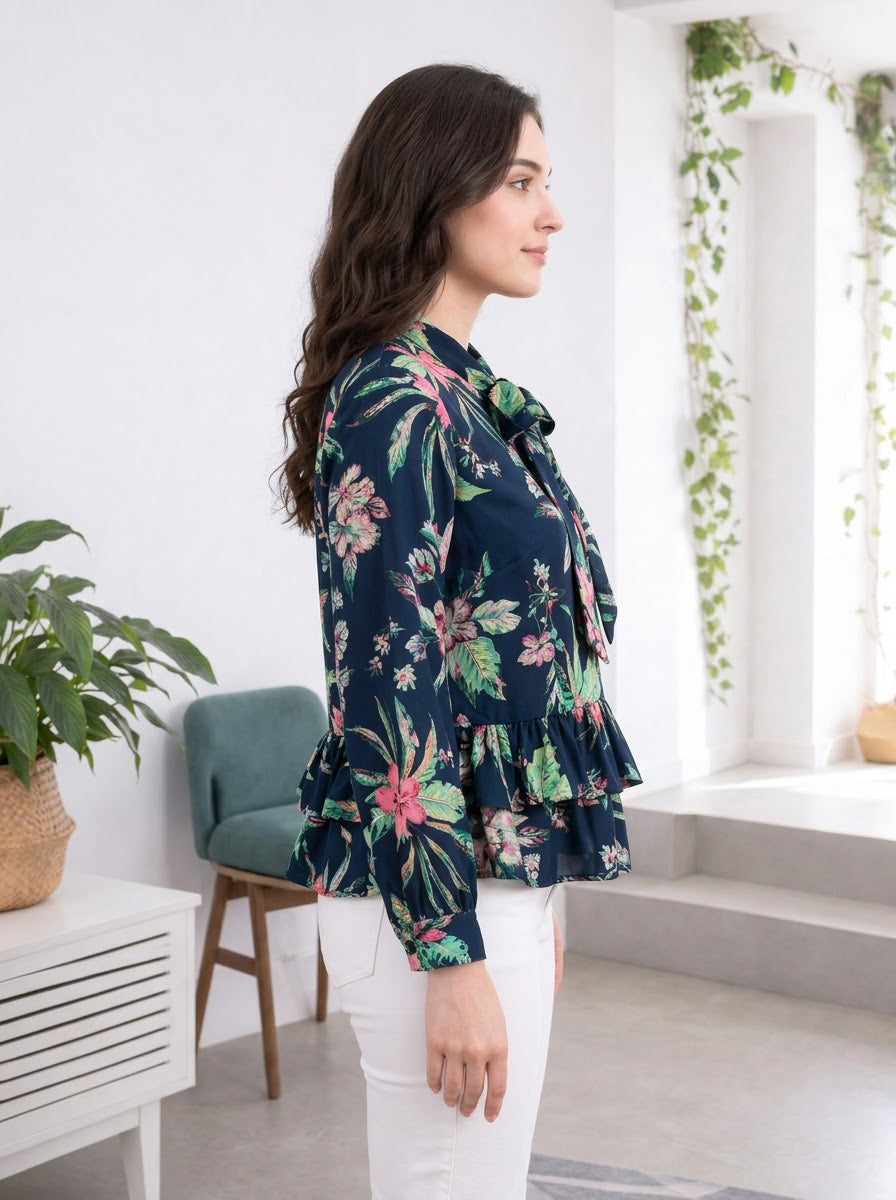 Navy Blue Floral Print Top