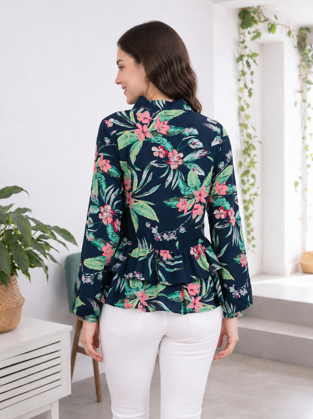 Navy Blue Floral Print Top