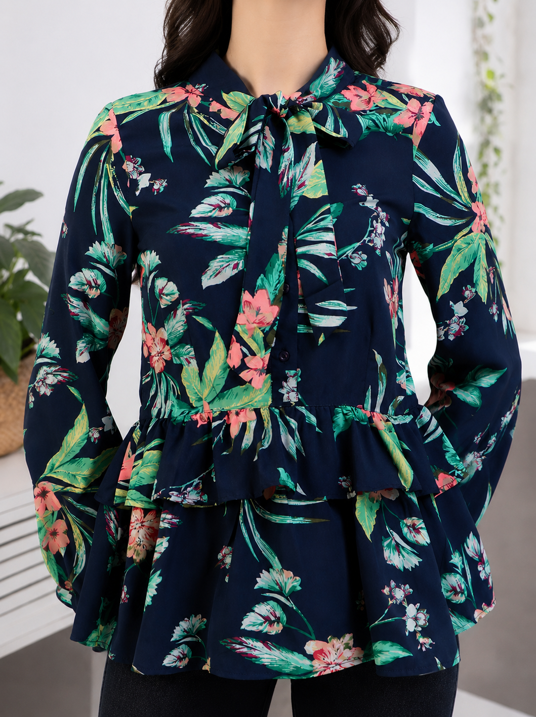Navy Blue Floral Print Top
