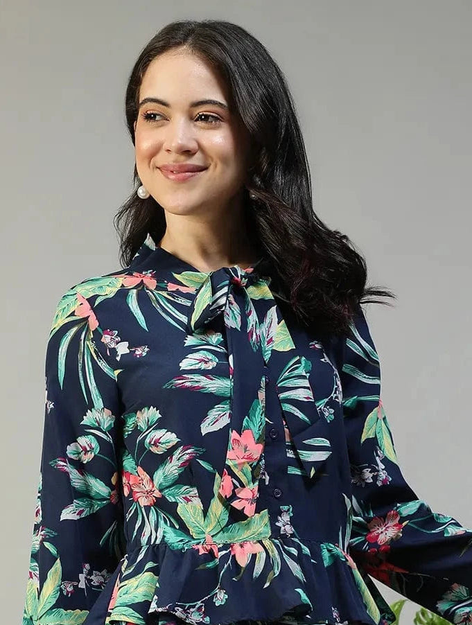 Navy Blue Floral Print Top