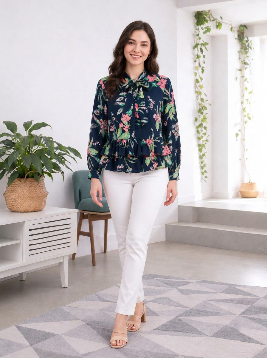 Navy Blue Floral Print Top