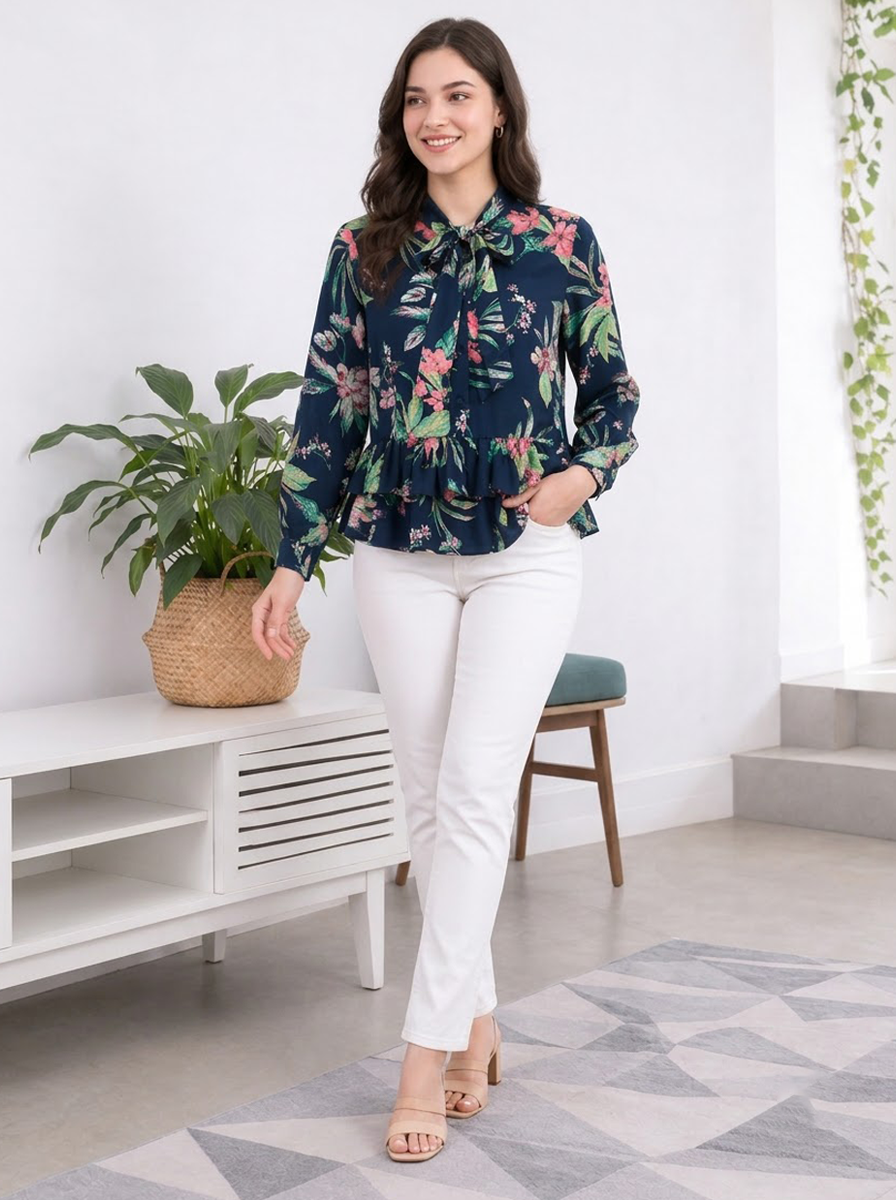 Navy Blue Floral Print Top