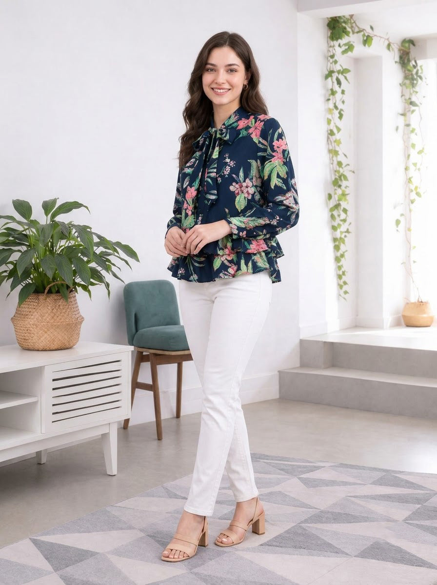 Navy Blue Floral Print Top
