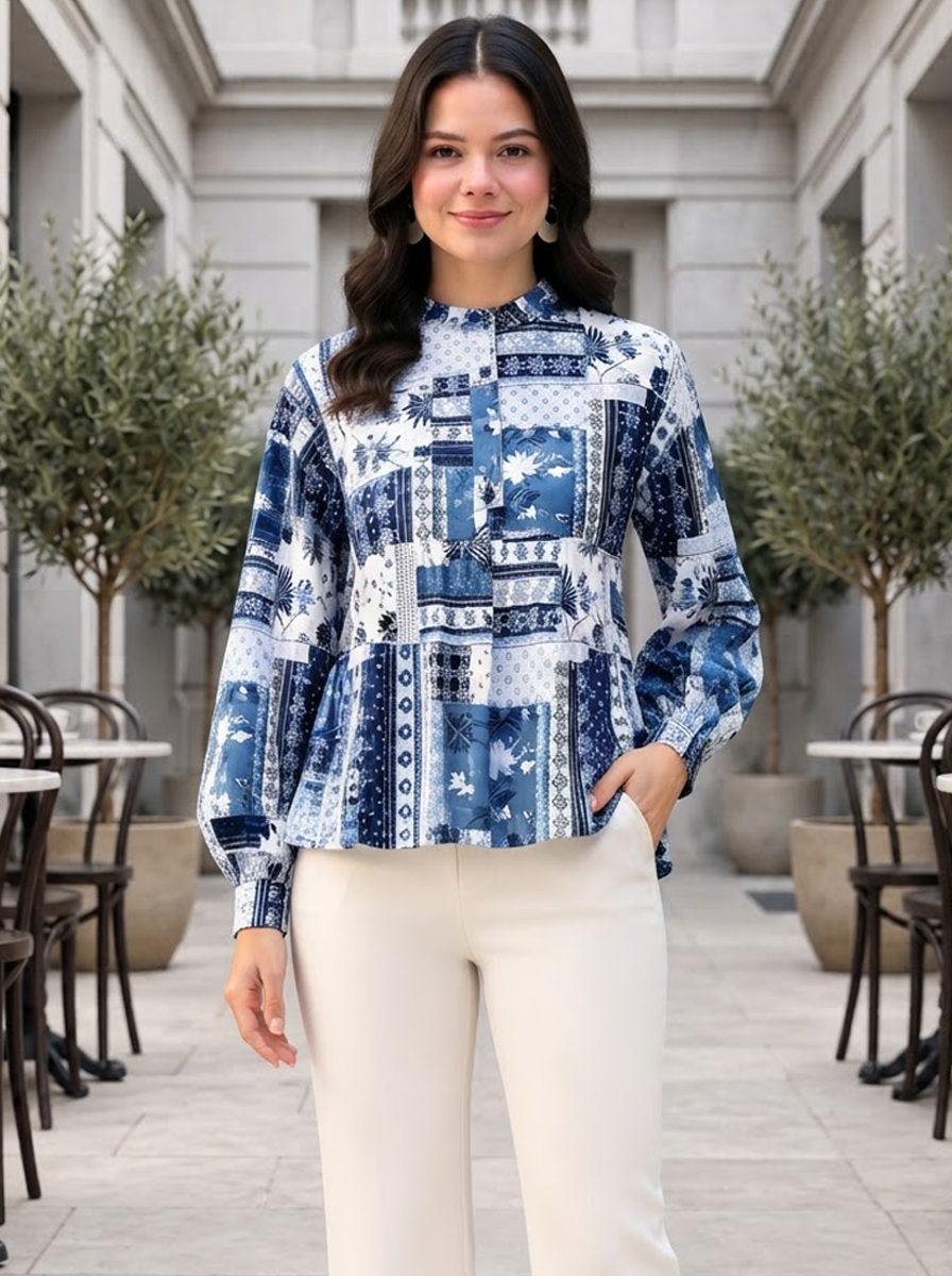 Blue Abstract Print Cotton Top