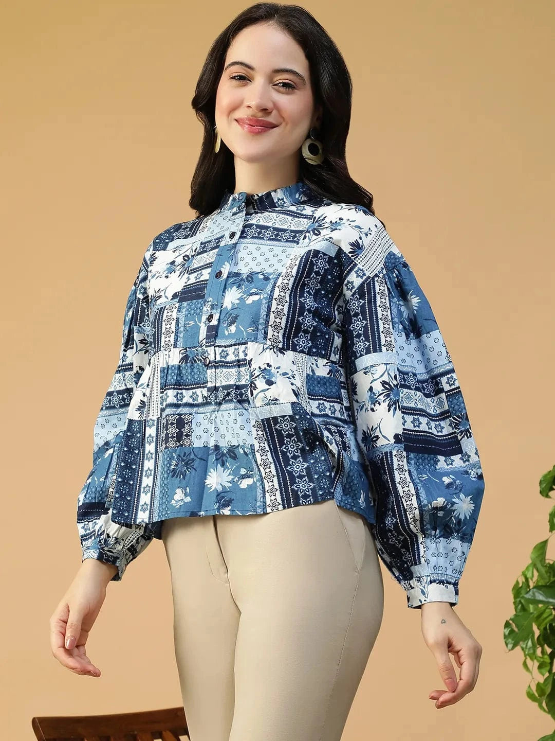 Blue Abstract Print Cotton Top