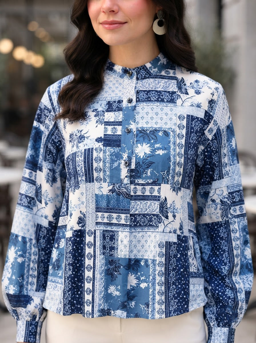 Blue Abstract Print Cotton Top