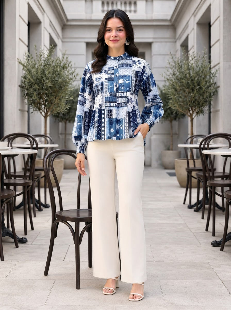 Blue Abstract Print Cotton Top