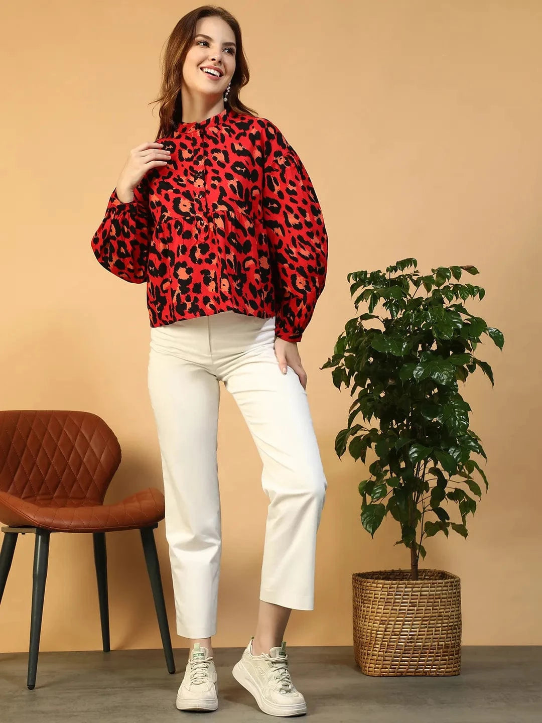 Red Animal Print Cotton Top