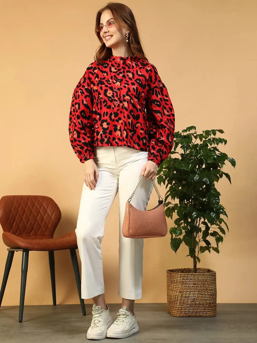 Red Animal Print Cotton Top