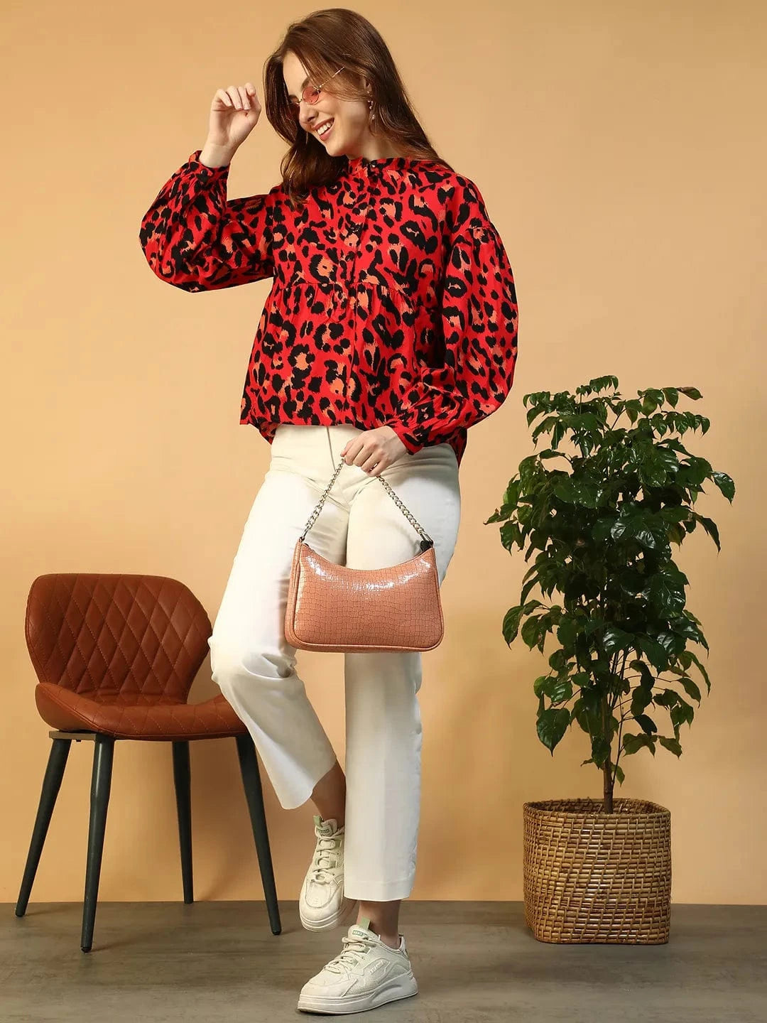 Red Animal Print Cotton Top