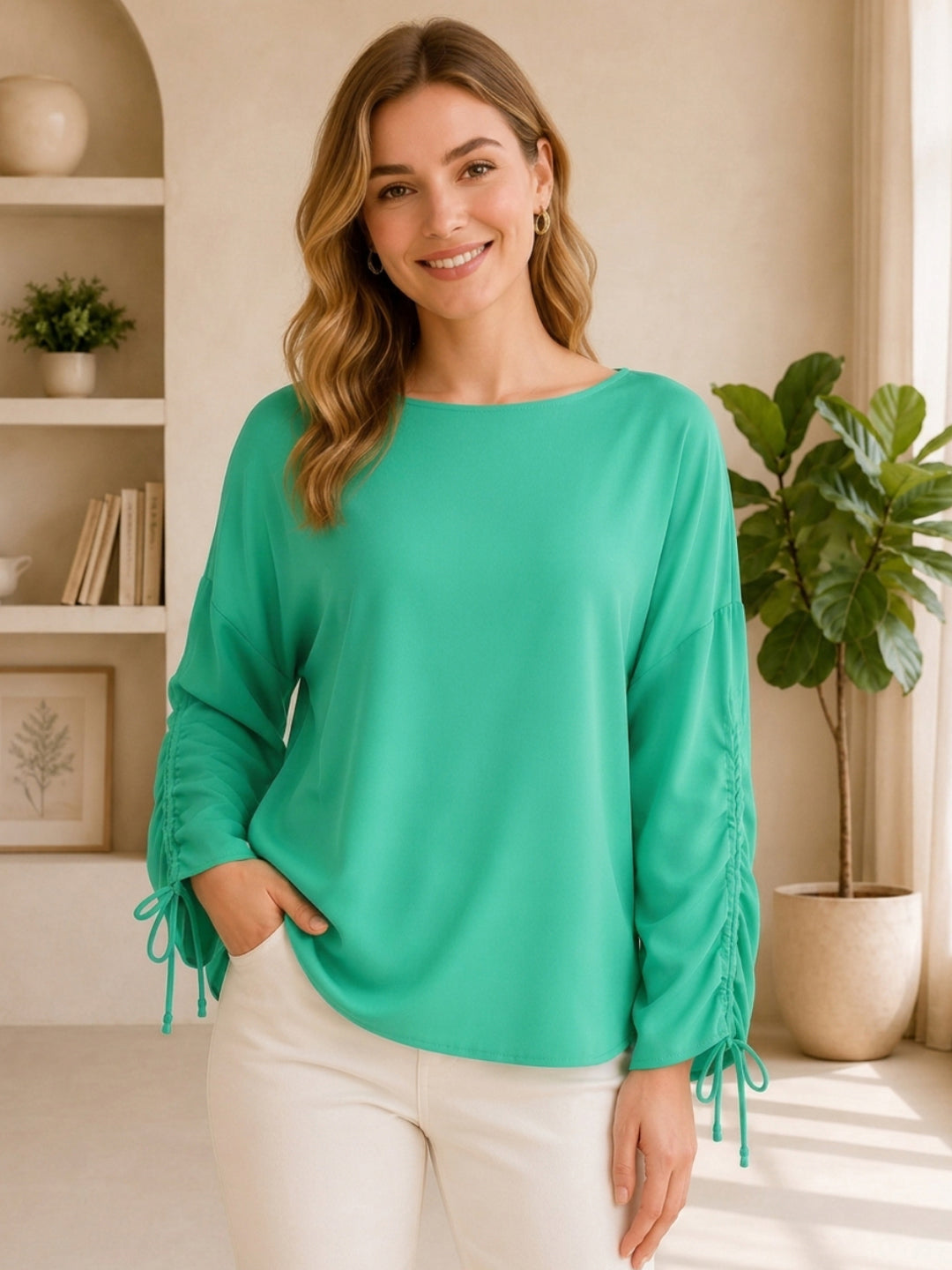 Green long sleeve top with drawstring sleeves, plus size women's fashion, stylish casual blouse