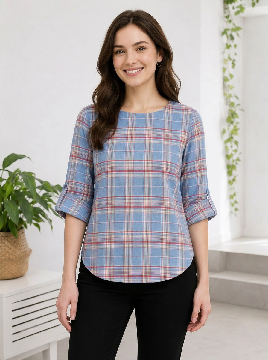 Blue Brush Check Print Cotton Top