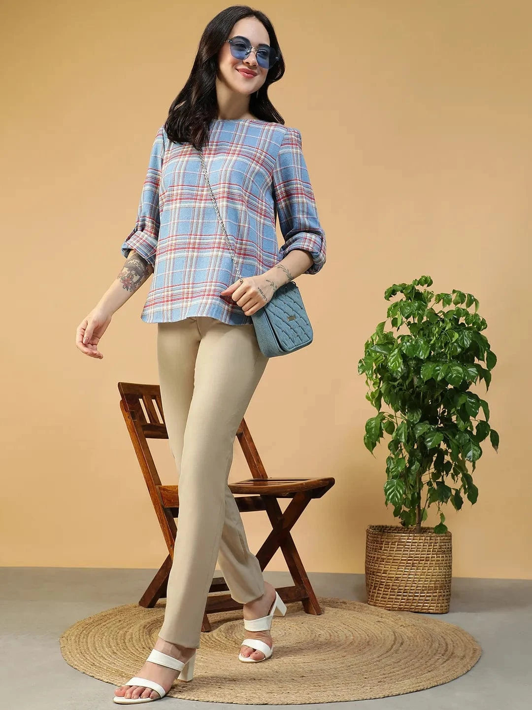 Blue Brush Check Print Cotton Top